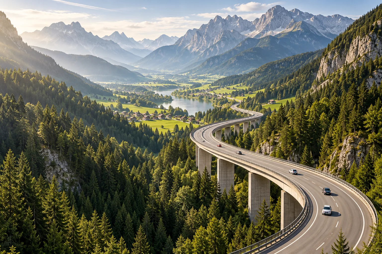 Illustrative Alpenlandschaft mit einer geschwungenen Straße durch bewaldete Berge